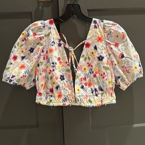 Zara White and Cream Smocked Crop Blouse with Puff Sleeves